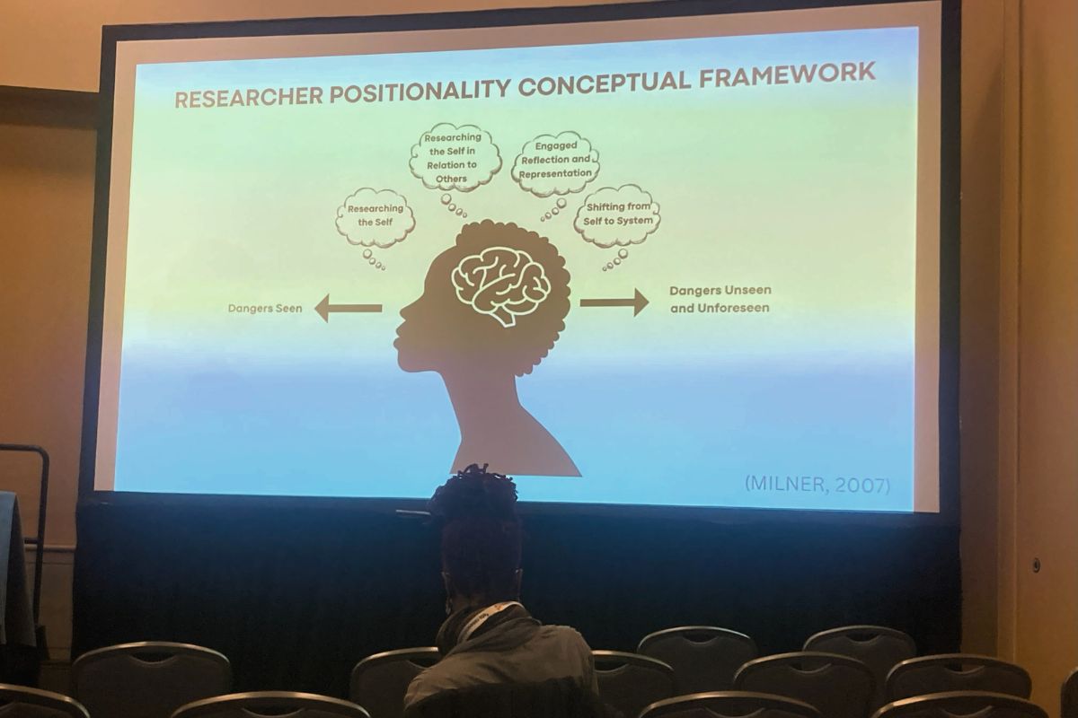 A presentation slide titled Researcher Positionality Conceptual 
Framework shows an image of a brain, with thought bubbles that say Researching the Self, Researching the Self in Relation to Others, Engaged Reflection and Representation, and Shifting from the Self to the System